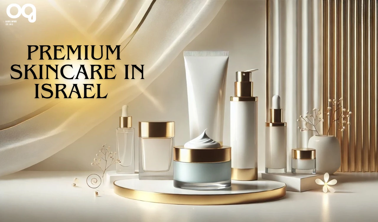 Premium skincare products in Israel displayed with elegant gold and white packaging, representing luxury beauty brands.