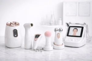 Medical and wellness devices including facial cleansing brush, skin tightening tools, and professional skincare equipment displayed on a clean surface.