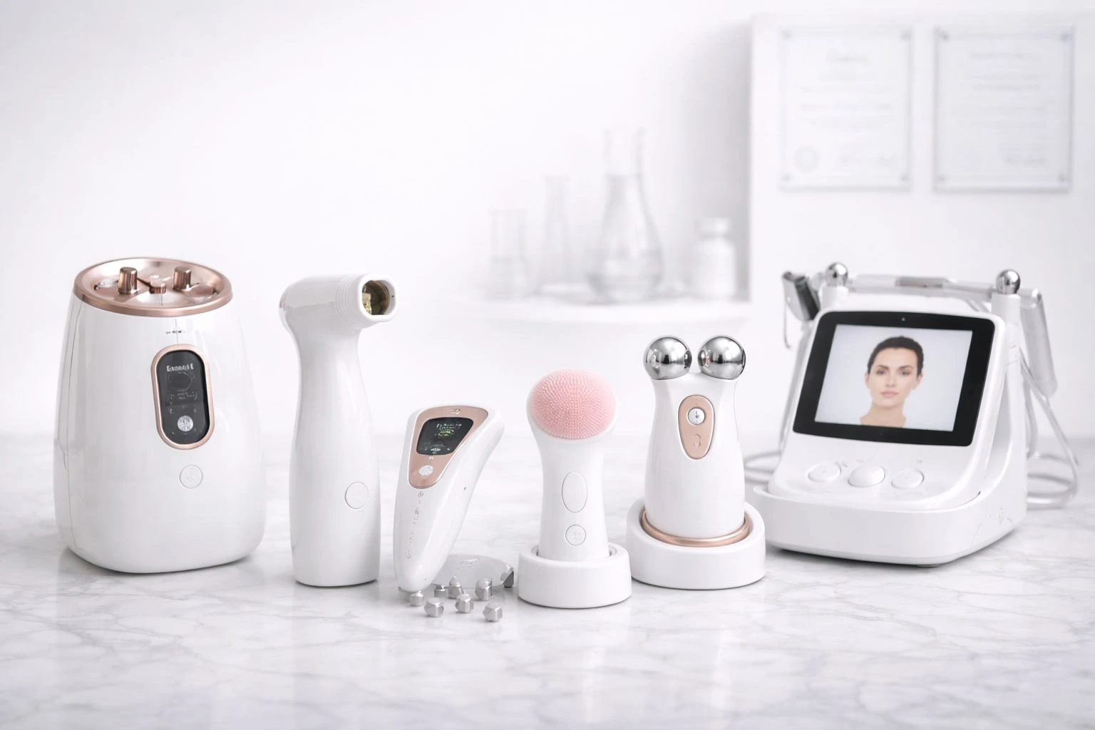 Medical and wellness devices including facial cleansing brush, skin tightening tools, and professional skincare equipment displayed on a clean surface.
