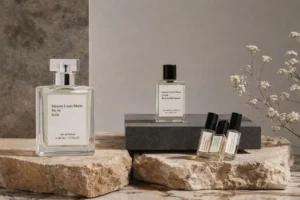 Niche fragrance brands growth: Maison Louis Marie perfumes are displayed on natural stone, highlighting an elegant and curated perfume collection.
