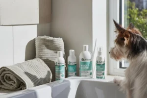 Dog sitting near grooming products arranged beside a bathtub, showcasing natural pet shampoos and sprays from Premium Pet Care & Grooming Brands in a bright home setting.