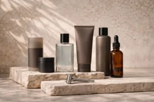 An array of sleek skincare and shaving products on stone blocks, showing how Men’s Grooming Is Shifting toward premium care.