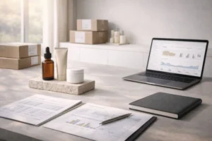 A desk features skincare products, a laptop, and organized paperwork, illustrating a clear strategy for Indie Brands Structured Distribution.